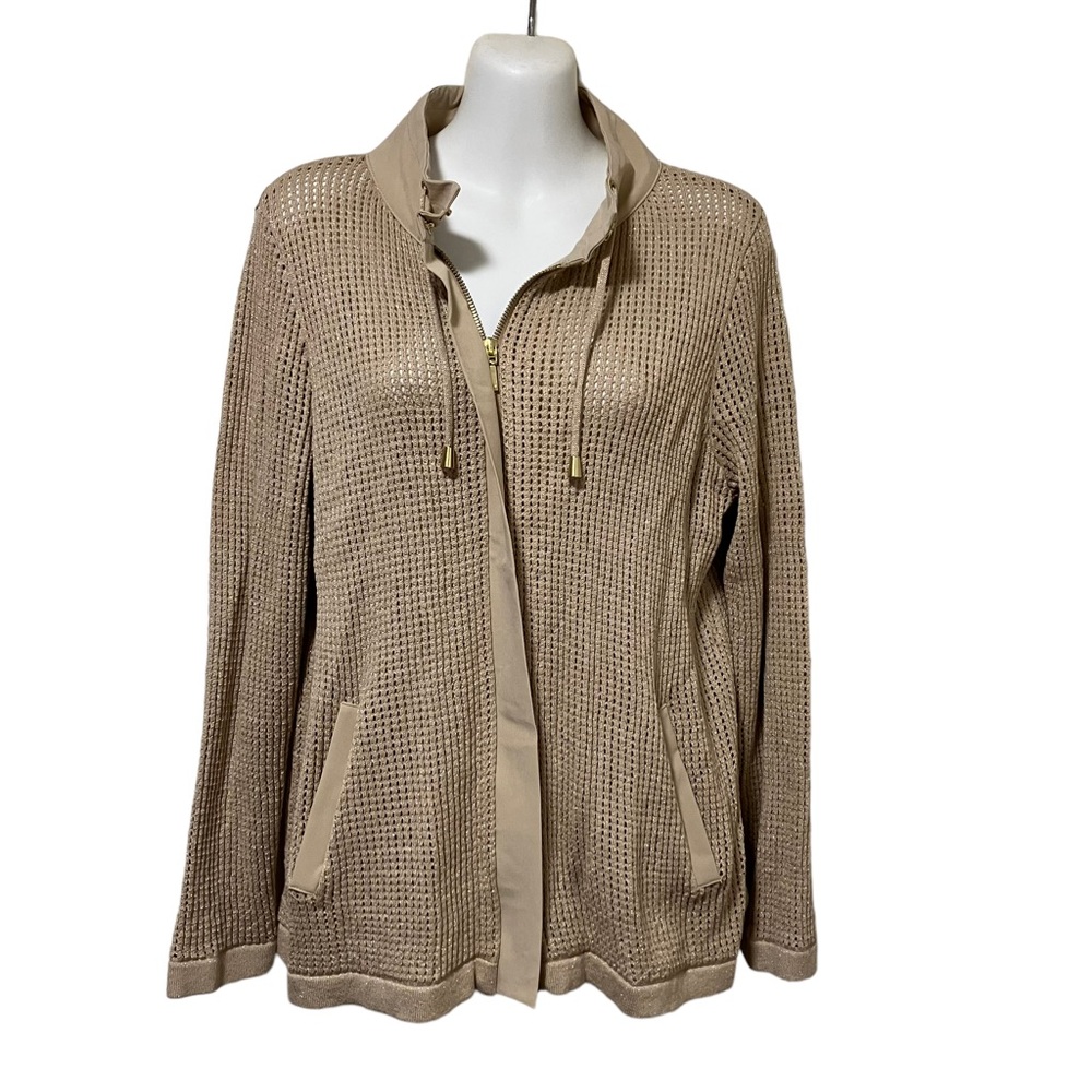 Zenergy by Chico's Tan Metallic Open Knit Zip Sweater Jacket